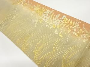 紗 金彩荒波に秋草模様刺繍袋帯